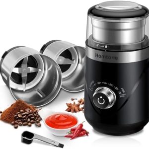 Homtone Kaffeemühle Gewürzmühle Elektrisch mit Timer, Einstellbare Mahlgrad Kaffeemühle mit Zwei 70g Abnehmbare Edelstahlbehälter, Kaffeemühle Leise 63 dB