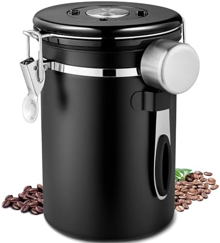 Frasheng Kaffeedose Edelstahl,Kaffeedose Luftdicht mit Edelstahl Löffel,750g/1,8L Kaffeebehälter,Vakuum Kaffee Dose mit Datumsverfolgung für Kaffeebohnen Kaffeepulver Kaffeebehälter,Schwarz