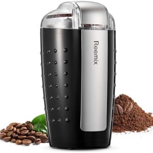 Kaffeemühle, Reemix Elektrische Kaffemühle, 100g Füllmenge, 200W Kaffeemühle und Gewürzmühle in Einem, Edelstahl Klinge, leise Kaffeemühle mit sauberer Bürste und Löffel (Schwarz)