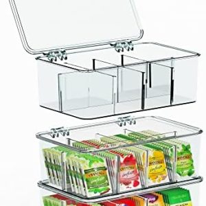 KICHLY Teebeutel Organizer 3er Pack - stapelbar Teebeutel Lagerung Veranstalter mit klaren Deckel Teebeutel Halter für Arbeitsplatten, Küchenschränke, Vorratskammern, Süßungsmittel, Kunststoff (Klar)