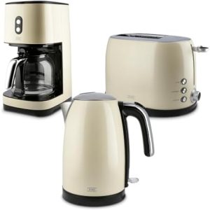 KHG Frühstücksset Wasserkocher, Toaster & Kaffeemaschine Creme Beige Retro Vintage, Kapazität 1,7 Liter, 2 Toastscheiben & 12 Tassen Kaffee, 360° Sockel, Röstgradeinstellung, Warmhaltefunktion