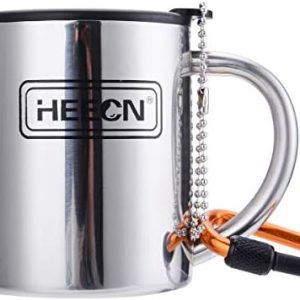 HEECN® Camping Becher Mit Deckel und Karabiner - Edelstahl Tasse - Thermo - Kaffeebecher - Doppelwandige Isolierbecher BPA-frei HESS-038BBK 200ml Mit Versiegeltem Deckel