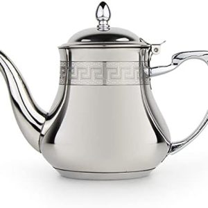 Orientalische Induktions-Teekanne 1,8 L, Teapot aus Messing, mit integriertem Filter, traditionelles Modell, Arabische Kanne silberfarbig mit Deckel, Teekocher, Teewärmer & Teebereiter