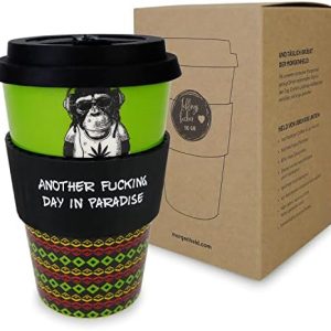 Morgenheld Kaffeebecher to go, Porzellan Coffee to go Becher mit Deckel 380ml, Monkey Reggae
